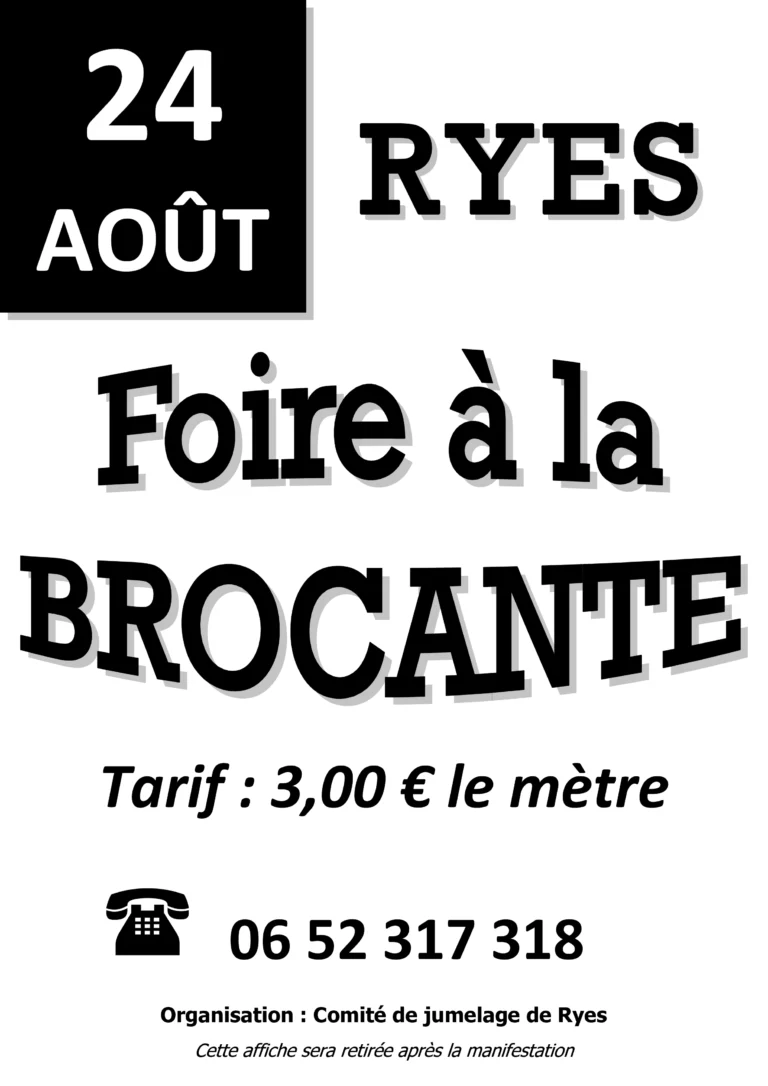 Lire la suite à propos de l’article Foire à la Brocante de Ryes le 24 août !