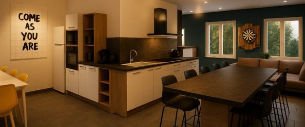 L'espace commun de la résidence : cuisine partagée et grande table conviviale